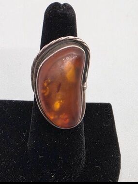 Vintage Modernist Amber and Sterling Silver Statement Ring – Estate Find  |6.25|